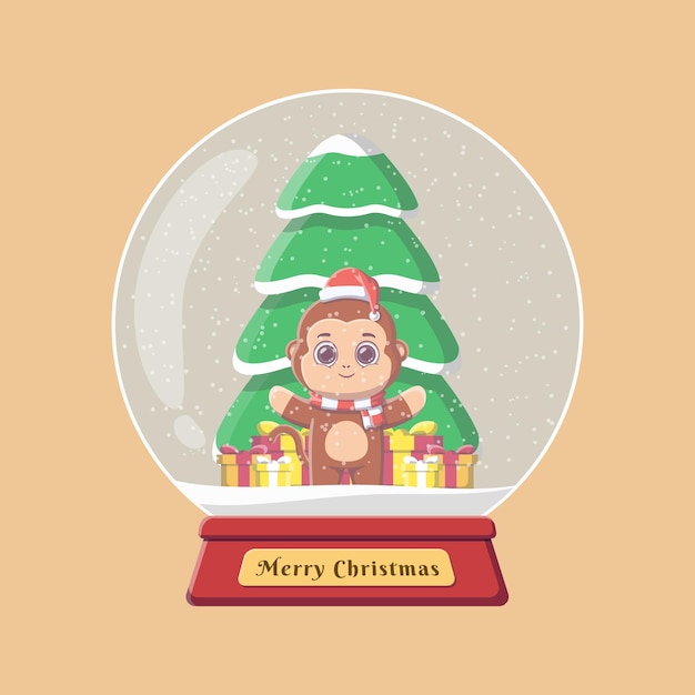 스노우 글로브에 선물과 크리스마스 트리가 있는 귀여운 원숭이