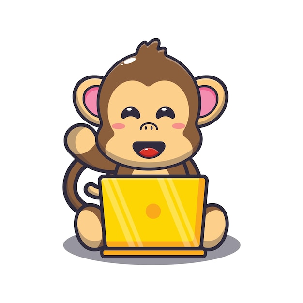 노트북과 귀여운 원숭이 귀여운 동물 만화 일러스트 레이션