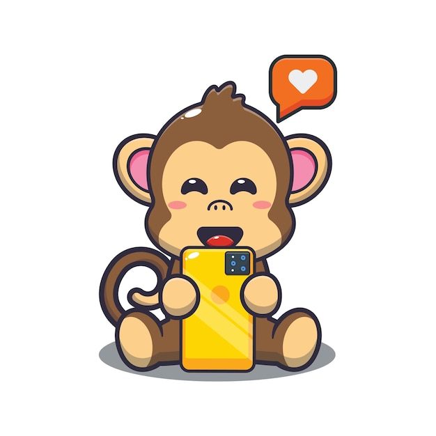 전화와 귀여운 원숭이 귀여운 동물 만화 일러스트 레이션