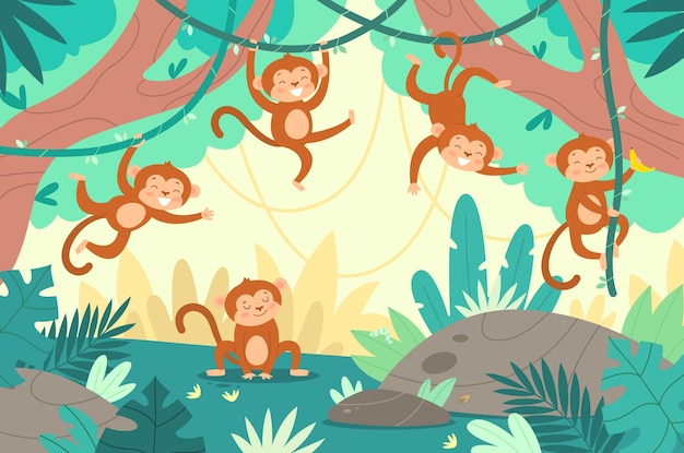 정글에 있는 귀여운 원숭이 재미있는 작은 마모셋은 덩굴과 나무 열대 우림 이국적인 식물 만화 예쁜 아기 동물 유치 배경 벡터 개념을 등반 열대 숲에서 재생