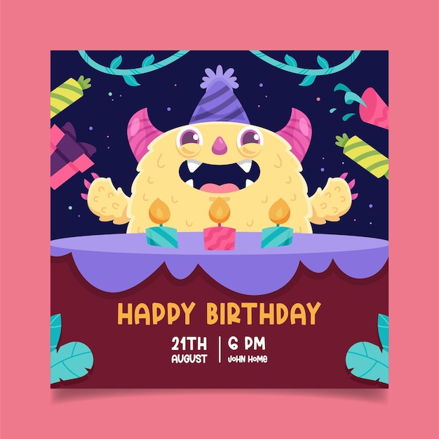 Vector cute monster birthday invitation illustration