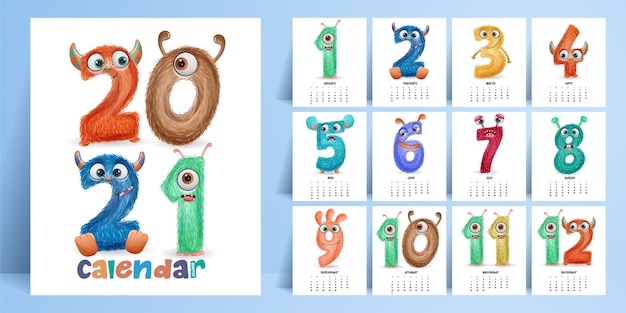 Calendario mostro carino per collezione anno