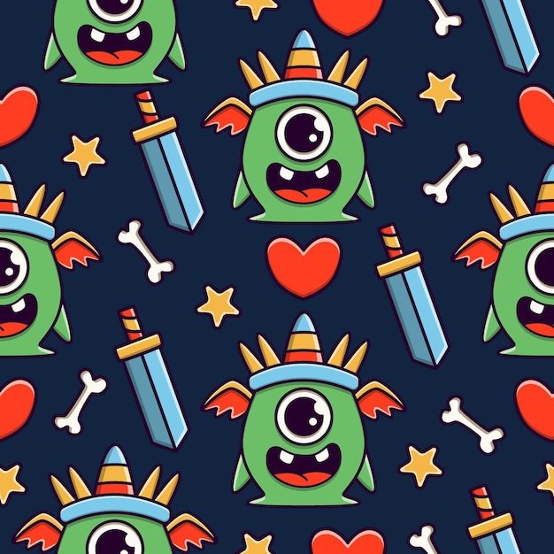 Cute monster cartoon doodle seamless pattern design