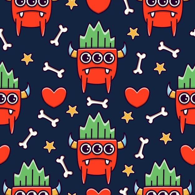 Cute monster cartoon doodle seamless pattern design