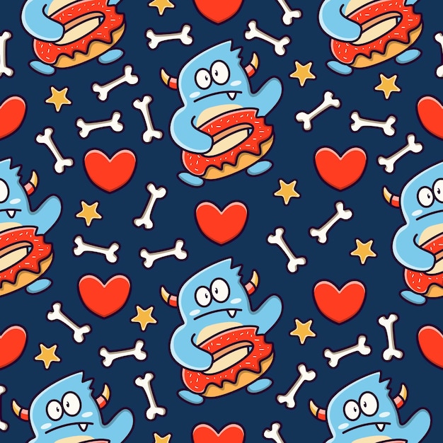 cute monster cartoon doodle seamless pattern design