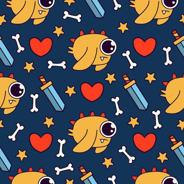 Cute monster cartoon doodle seamless pattern design