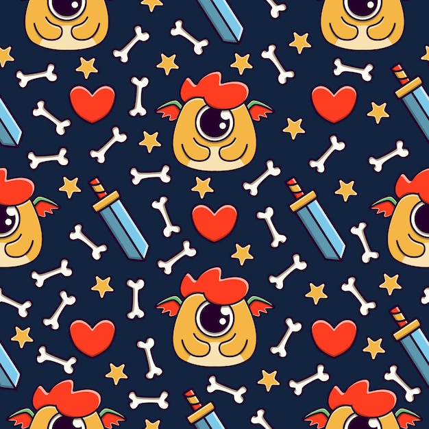 Cute monster cartoon doodle seamless pattern design