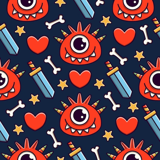 Cute monster cartoon doodle seamless pattern design