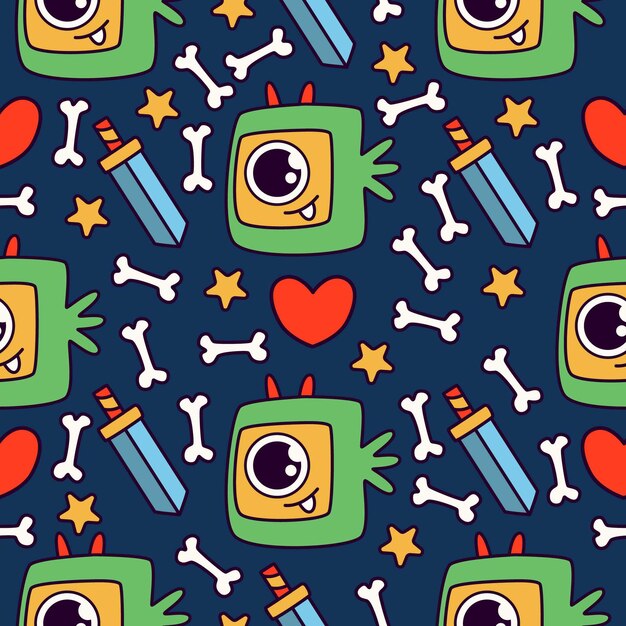 Cute monster cartoon doodle seamless pattern design