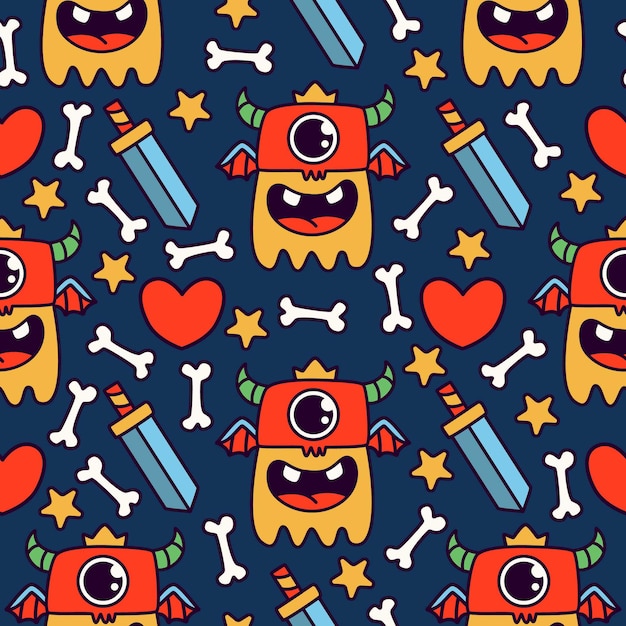 cute monster cartoon doodle seamless pattern design