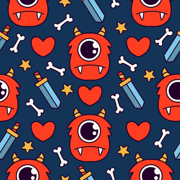 Cute monster cartoon doodle seamless pattern design