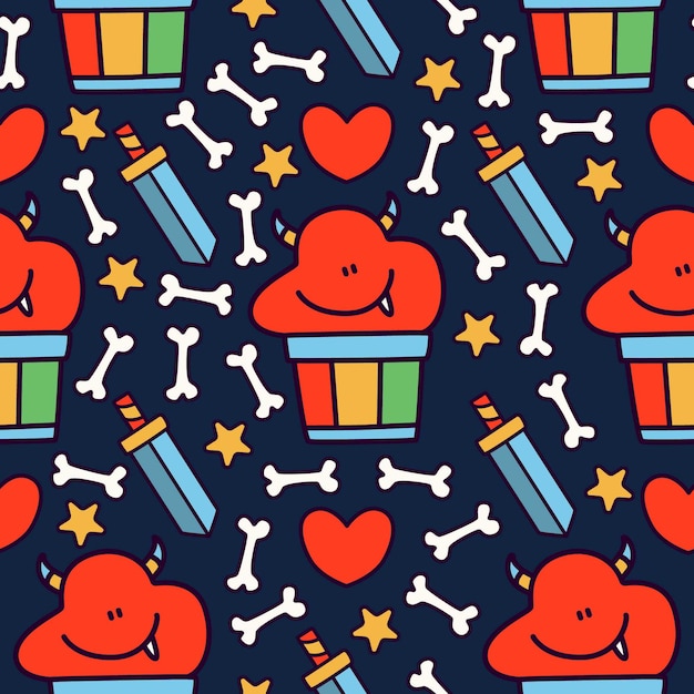 Cute monster cartoon doodle seamless pattern design