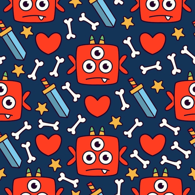 cute monster cartoon doodle seamless pattern design