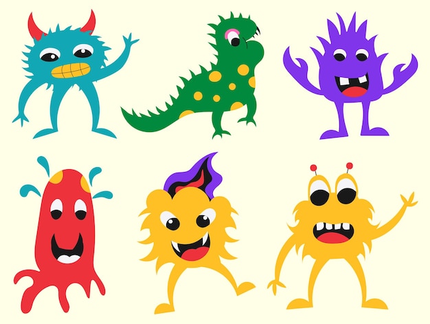 Cute Monster Collection For Kids Design In Hand Drawn Comic Style