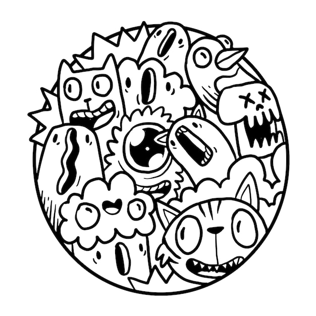Simpatico mostro doodle in cerchio