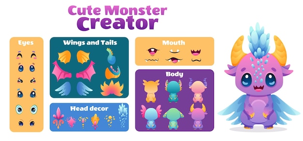 Vector cute monster dragon cartoon constructor kit with body parts alien eyes mouths teeth wings and horns