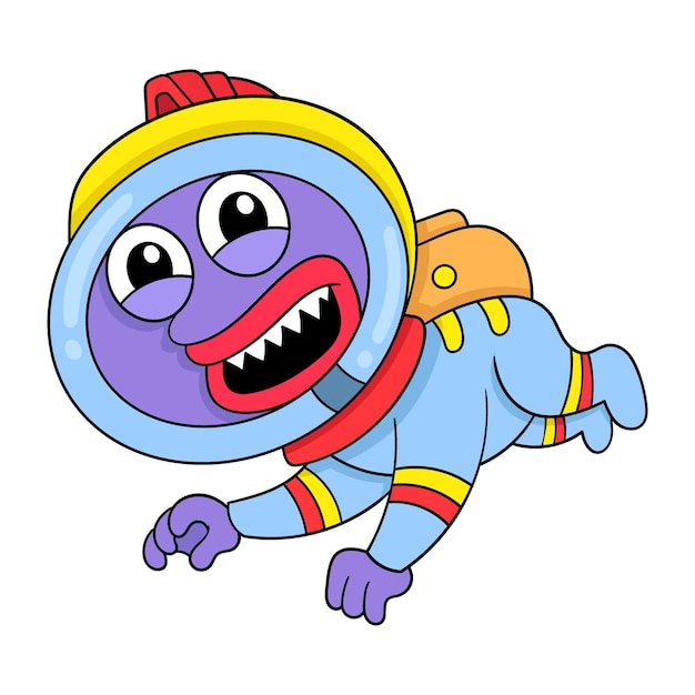 Милый монстр, одетый как улыбающийся астронавт, каракули, иконка, изображение каваи