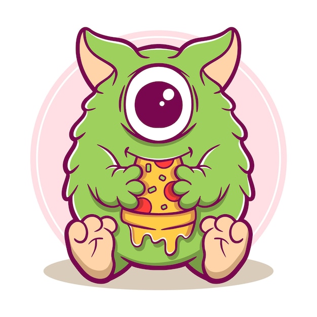 Cute monster eating pizza cartoon vector illustration