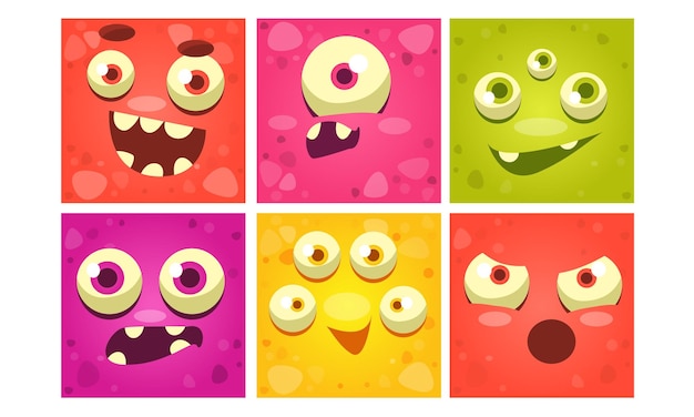 Cute monster faces set funny colorful square emojis with different emotions vector illustration