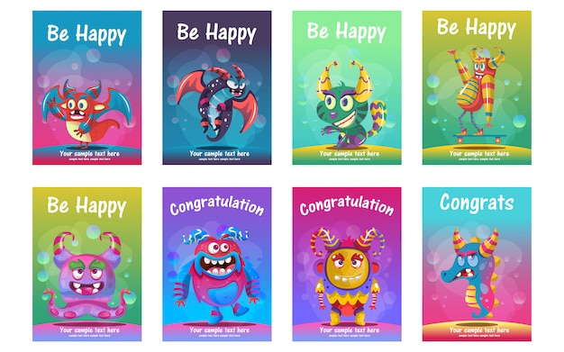 Cute monster greeting cards set