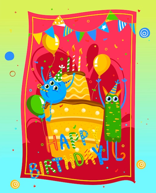 Simpatico mostro alla festa di buon compleanno set illustrazione vettoriale divertente personaggio bestia dei cartoni animati a