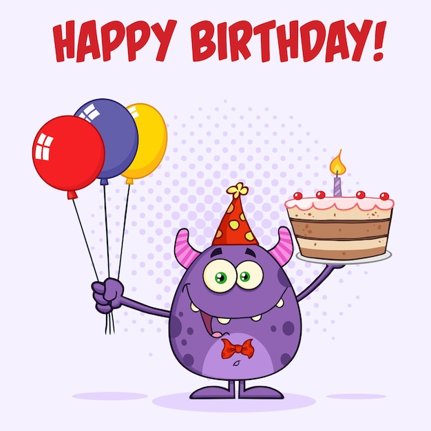 Cute Monster Holding Up A Colorful Balloons And Birthday Cake. Vector Illustration