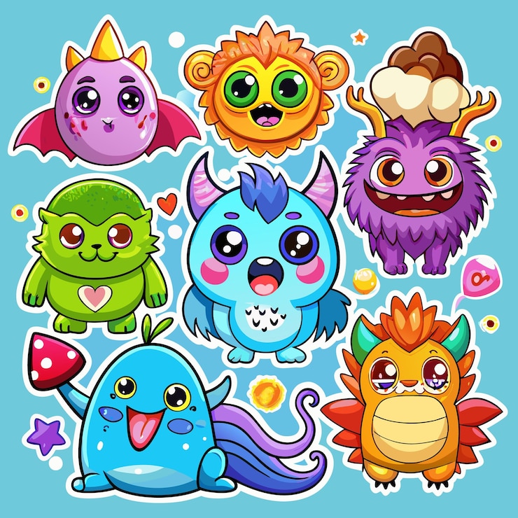 वेक्टर cute monster stickers with big eyes and adorable smiles