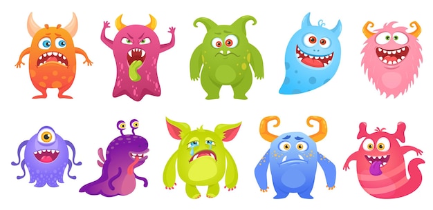 Simpatici personaggi vettoriali di mostri sorridenti divertenti creature aliene fantasma goblin dei cartoni animati con facce stupide