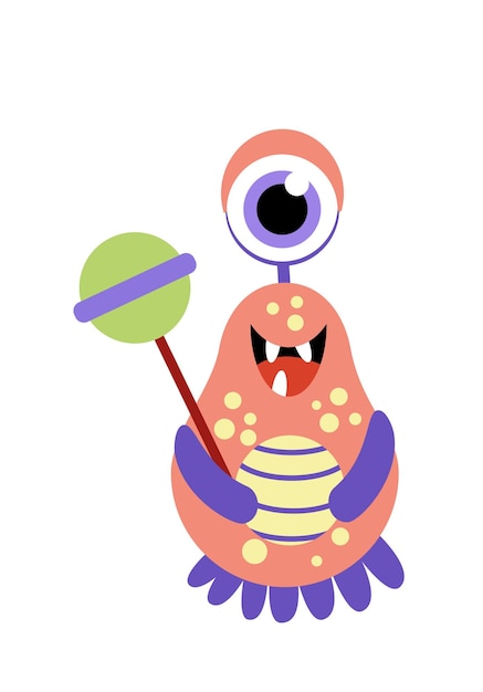 Cute monster with big lollipop chupa chups Flat cartoon vector