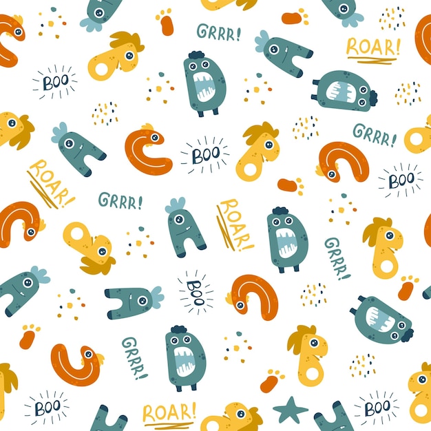 Cute monsters ABC alphabet seamless pattern Funny and simple comic font in cartoon style