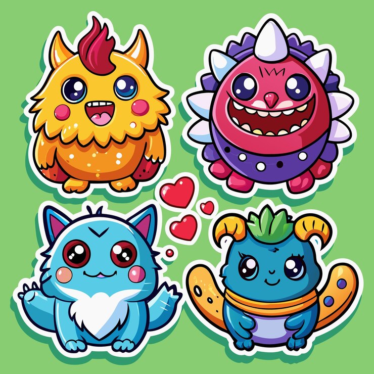 वेक्टर cute monsters cartoon stickers with love hearts