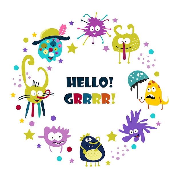 Vector cute monsters collection doodle circle set card