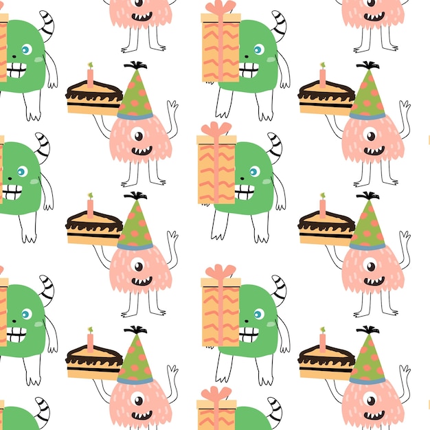 cute monsters with cake and box for wrapping paper pattern