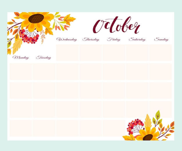 Vector cute monthly planner with flowers, to do list, notes, printable. autumn design. vector.