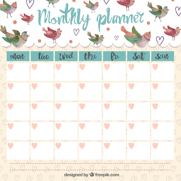 Cute monthly planner with singing birds