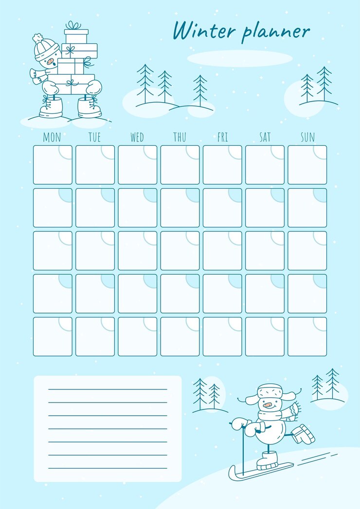 Vector cute monthly winter month planner with snowmen in it