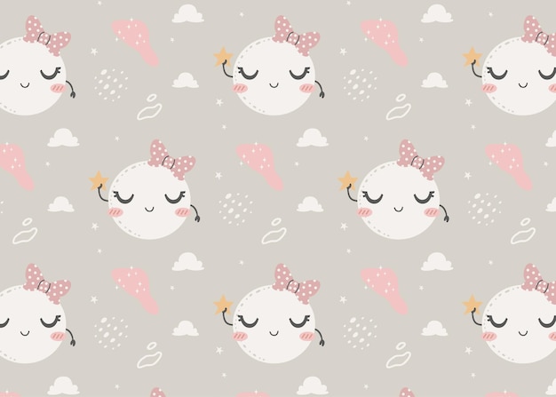 cute moon character with ribbon pattern