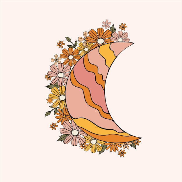 Cute moon in funny style in orange color surrounded by orange pink flowers isolated on light background Autumn moon with flowers