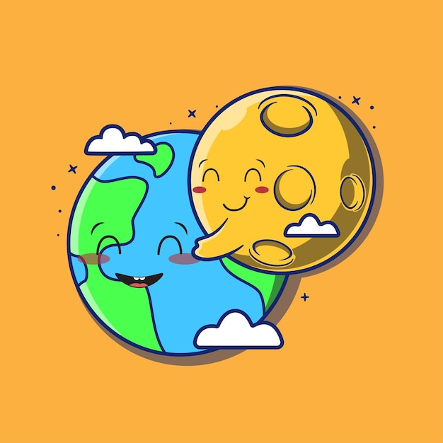 cute moon huging earth flat cartoon design