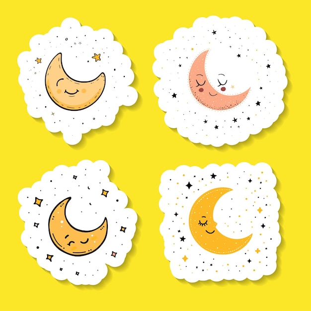 Vector cute moon phases with expressive faces stickers