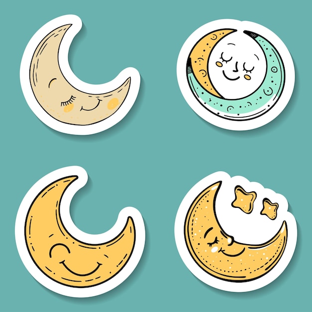 Vector cute moon phases with expressive faces stickers