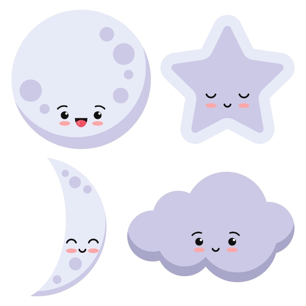 Luna carina, stella, set di icone nuvola isolato su sfondo bianco. segno di vettore sorridente dolce e divertente. elementi di design grafico piatto in stile cartone animato. illustrazione del personaggio dei bambini kawaii. concetto di natura.