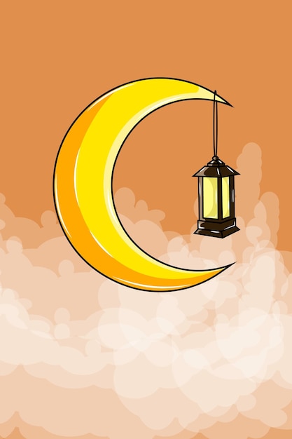 Cute moon with lentern cartoon illustration