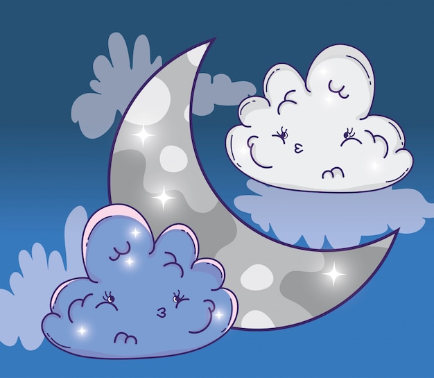 Cute moon with sad fluffy clouds