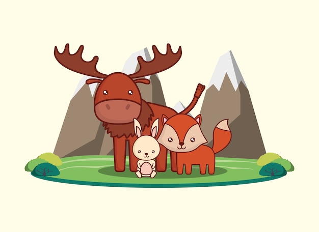 Vector cute moose and rabbit with fox over mountains landscape and white  background