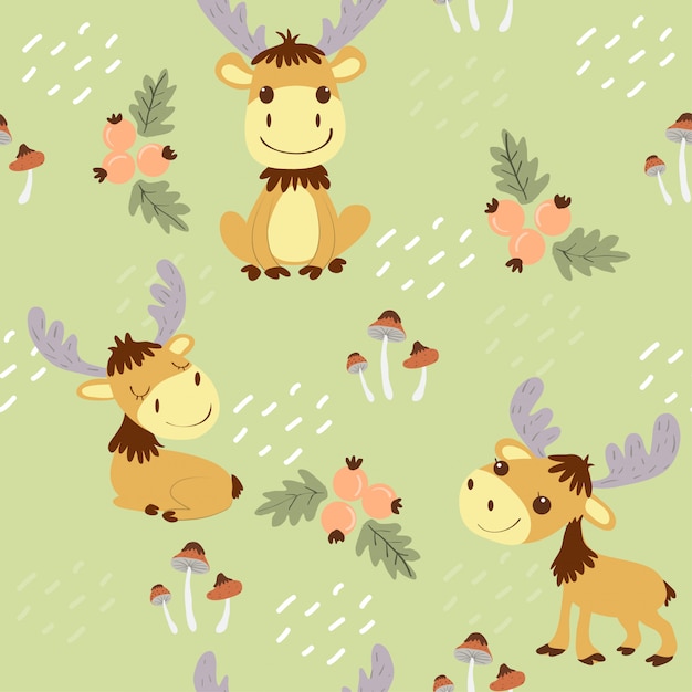 Cute moose in the wildlands seamless pattern