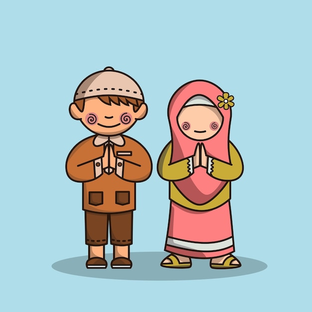 Vector cute moslem boy and girl are standing together and the girl is wearing a hijab