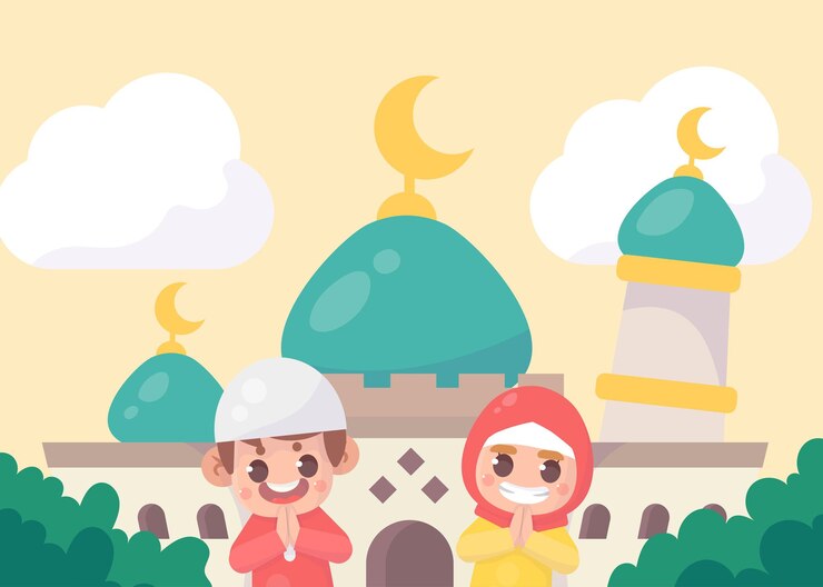 Cute moslem boy and girl greeting ramadan kareem eid al fitr  islamic  