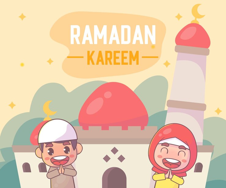 cute Moslem boy and girl greeting Ramadan kareem islamic