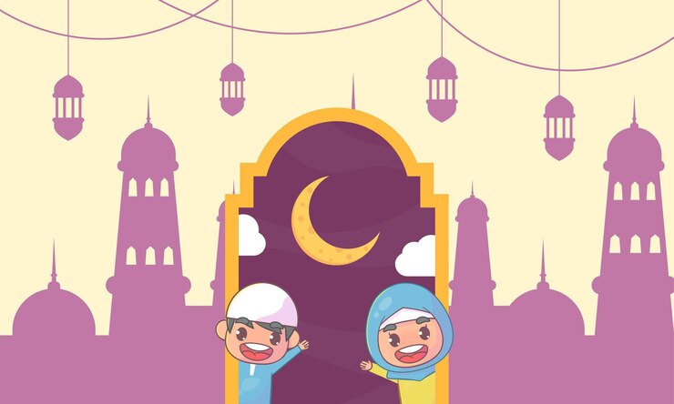 cute Moslem boy and girl greeting Ramadan kareem islamic.
